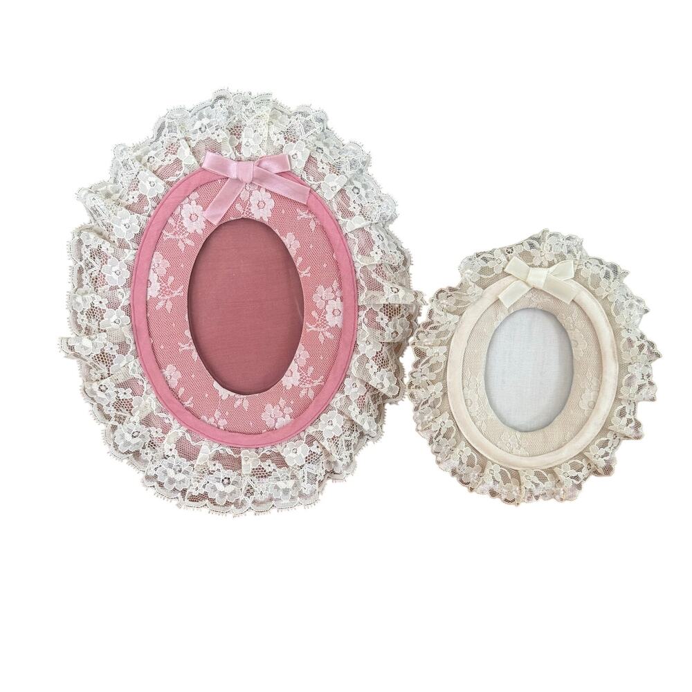 Vintage 90s Satin and Lace Oval Easel Frames Pink Ivory Romantic Cottage Core
